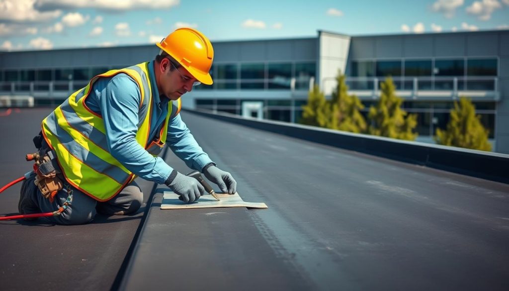 a detailed, high-quality image of a professional worker performing routine maintenance on an EPDM flat roof, with the worker inspecting the roof surface and making necessary repairs. the scene is set on a sunny day, with the worker wearing appropriate safety gear and using specialized tools. the building in the background is a modern commercial or industrial structure, with the EPDM roof covering clearly visible. the overall tone is one of care and diligence, with the worker focused on the task at hand. the image should convey the importance of proper EPDM roof maintenance for ensuring the longevity and performance of the roofing system. a detailed, high-quality image of a professional worker performing routine maintenance on an EPDM flat roof, with the worker inspecting the roof surface and making necessary repairs. the scene is set on a sunny day, with the worker wearing appropriate safety gear and using specialized tools. the building in the background is a modern commercial or industrial structure, with the EPDM roof covering clearly visible. the overall tone is one of care and diligence, with the worker focused on the task at hand. the image should convey the importance of proper EPDM roof maintenance for ensuring the longevity and performance of the roofing system.