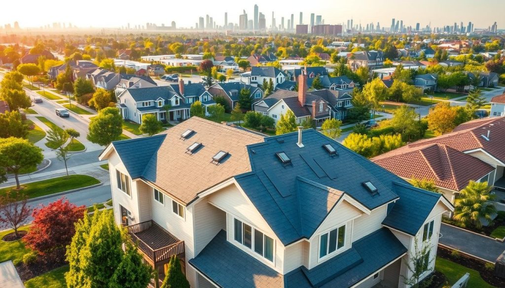 a modern rooftop with various roofing options, showcasing the versatility of EPDM roofing. the scene is set in a suburban neighborhood, with well-manicured lawns and trees lining the streets. in the foreground, there is a two-story house with a pitched roof, and several different roofing materials are displayed on the roof, including asphalt shingles, metal panels, and EPDM membrane. the middle ground features a row of townhouses, each with a unique roofing solution, demonstrating the range of possibilities for EPDM roofing. the background contains a cityscape with skyscrapers and other commercial buildings, highlighting the diverse applications of EPDM roofing. the lighting is natural, with a warm, golden hue, creating a inviting and informative atmosphere. a modern rooftop with various roofing options, showcasing the versatility of EPDM roofing. the scene is set in a suburban neighborhood, with well-manicured lawns and trees lining the streets. in the foreground, there is a two-story house with a pitched roof, and several different roofing materials are displayed on the roof, including asphalt shingles, metal panels, and EPDM membrane. the middle ground features a row of townhouses, each with a unique roofing solution, demonstrating the range of possibilities for EPDM roofing. the background contains a cityscape with skyscrapers and other commercial buildings, highlighting the diverse applications of EPDM roofing. the lighting is natural, with a warm, golden hue, creating a inviting and informative atmosphere.
